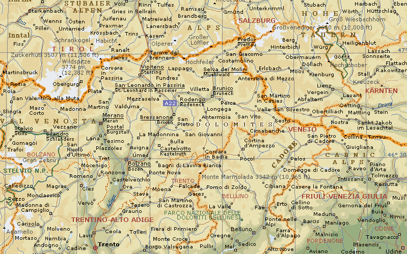 Location Map for the Dolomites in Italy