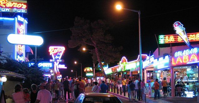 Illuminations at night in Albufeira in The Algarve in Southern Portugal