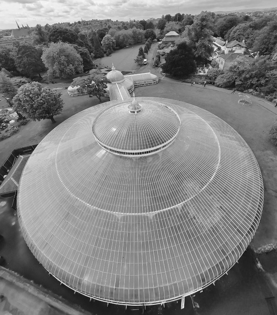 Aerial view of Kibble Palace in the Botanic Gardens in Glasgow
