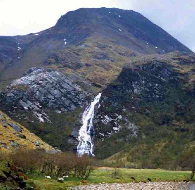 Steall waterfall in Glen Nevis beneath An Gearanach in the Mamores above Glen Nevis