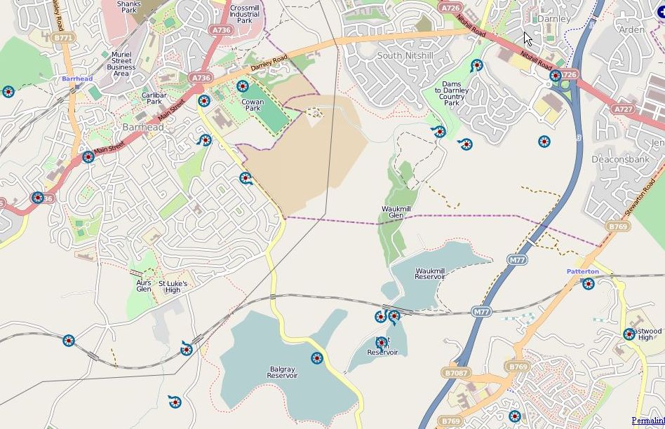 Map of Dams to Darnley Country Park