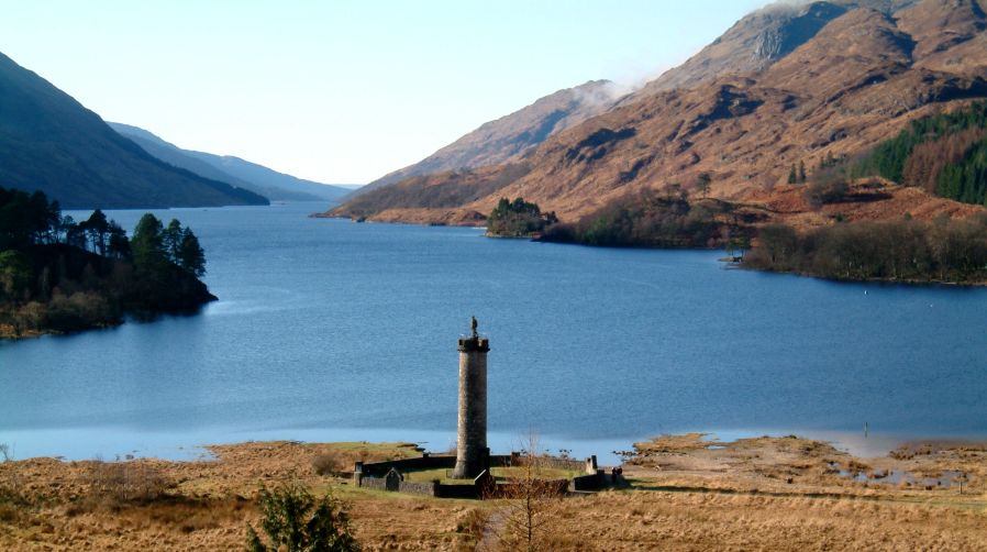 Jacobite Monument in Glenfinnan at head of Loch Shiel in Lochaber in Western Scotland