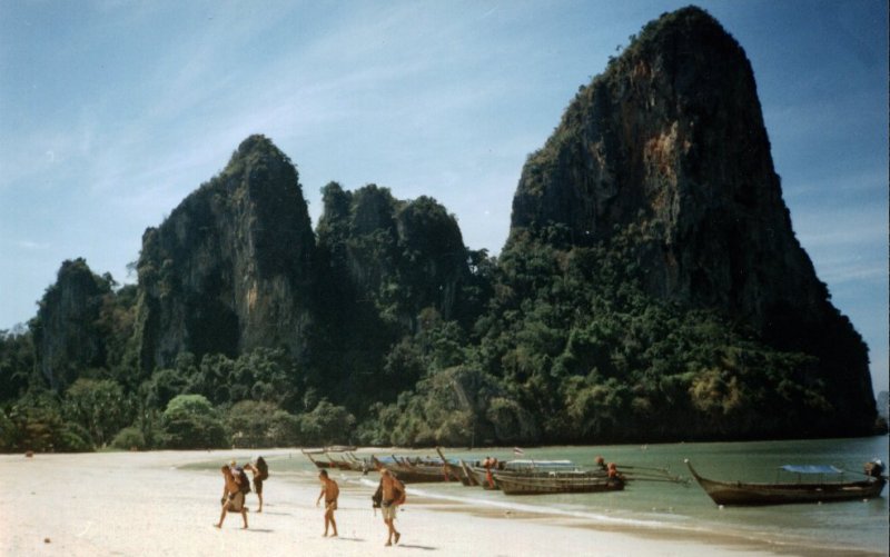 Landing from boat at beach on Hat Rai Leh ( West ) on Phra Nang near Krabi in Southern Thailand