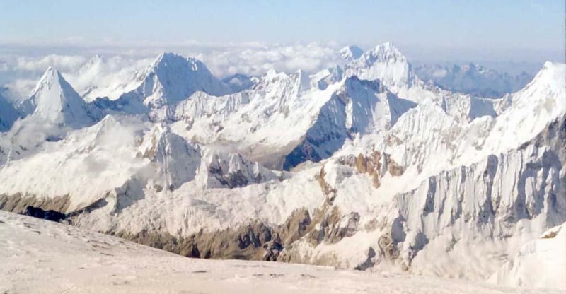 View of the Cordillera Blanca in the Andes of Peru from the summit of Huascaran